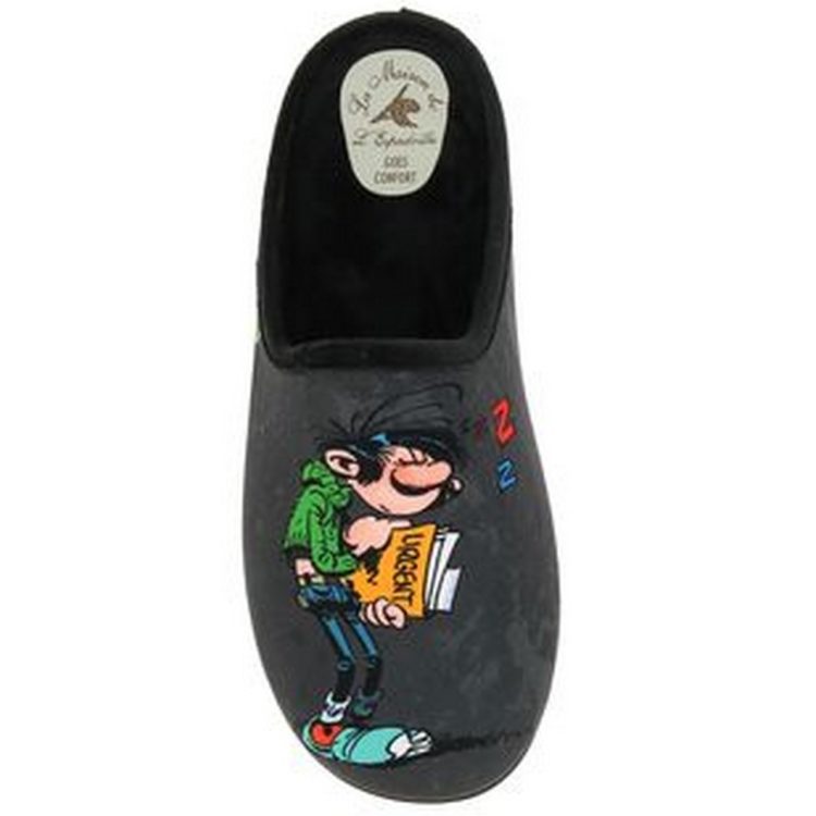 Mules motif Gaston Lagaffe pour homme marque La maison de l'espadrille référence G510 Noir. Disponible chez Chauss'Family magasin chaussures Issoire