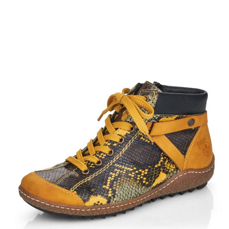 Baskets montantes jaunes pour femme marque Rieker. Référence L7527-68 Honig. Disponible chez Chauss'Family magasin de chaussures Issoire