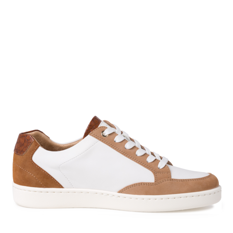 Sneakers blanche et marron pour femme marque Tamaris. 23619-28 149 Wht/Almond. Disponible chez Chauss'Family magasin de chaussures à Issoire.