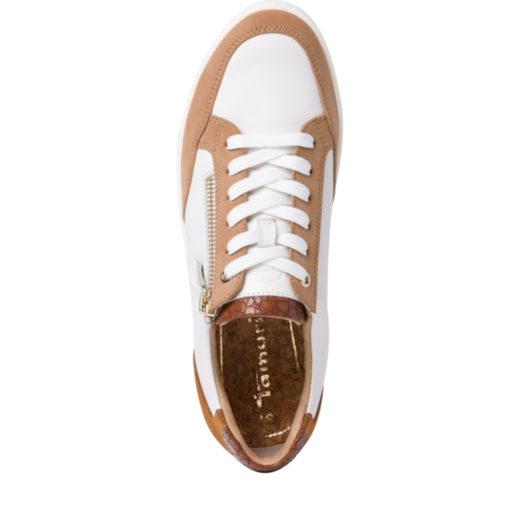 Sneakers blanche et marron pour femme marque Tamaris. 23619-28 149 Wht/Almond. Disponible chez Chauss'Family magasin de chaussures à Issoire.