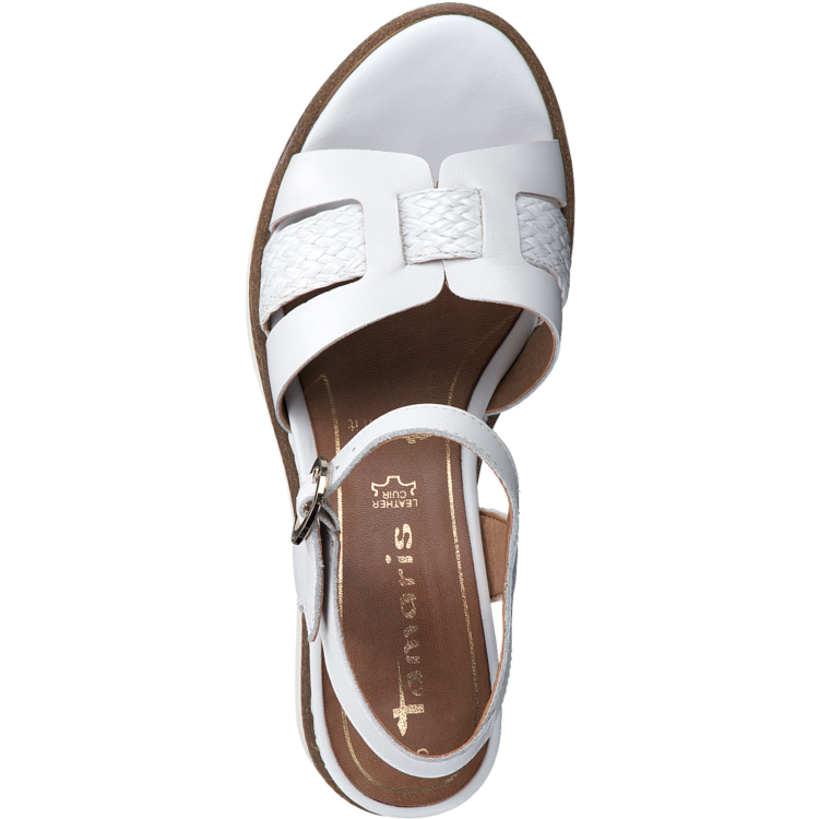 Sandales compensées blanches pour femme marque Tamaris. 28243-28 100 White. Disponible chez Chauss'Family magasin de chaussures à Issoire.