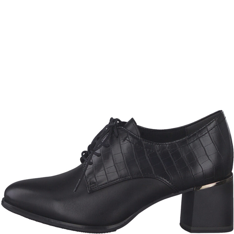 Derbies à talon pour femme marque Tamaris. Référence 23301-29 038 Black Croco. Disponible chez Chauss'Family magasin de chaussures Issoire