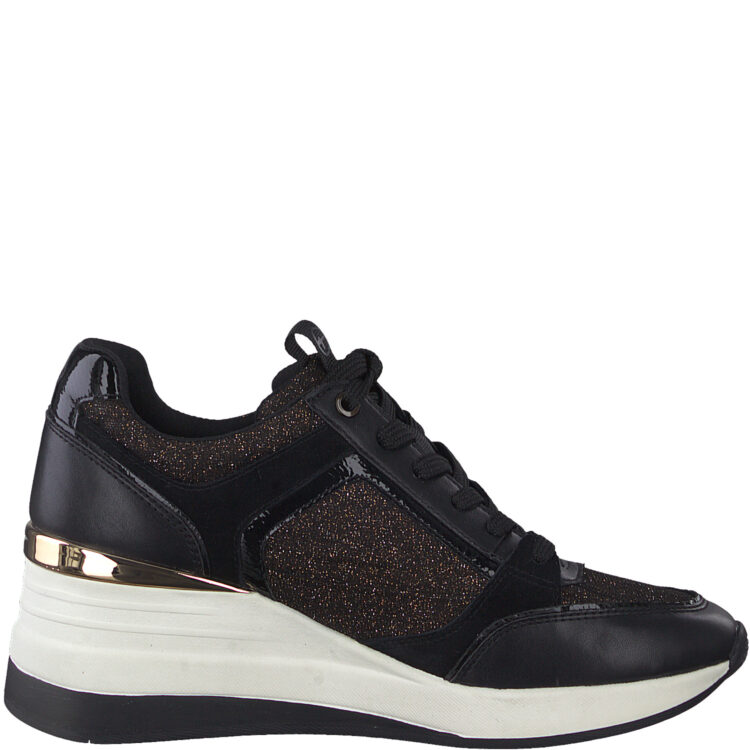 Baskets compensées pour femme marque Tamaris. Référence 23703-29 092 Black Copper. Disponible chez Chauss'Family magasin de chaussures à Issoire.