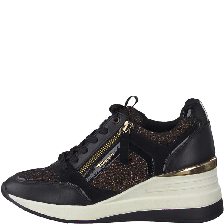 Baskets compensées pour femme marque Tamaris. Référence 23703-29 092 Black Copper. Disponible chez Chauss'Family magasin de chaussures à Issoire.
