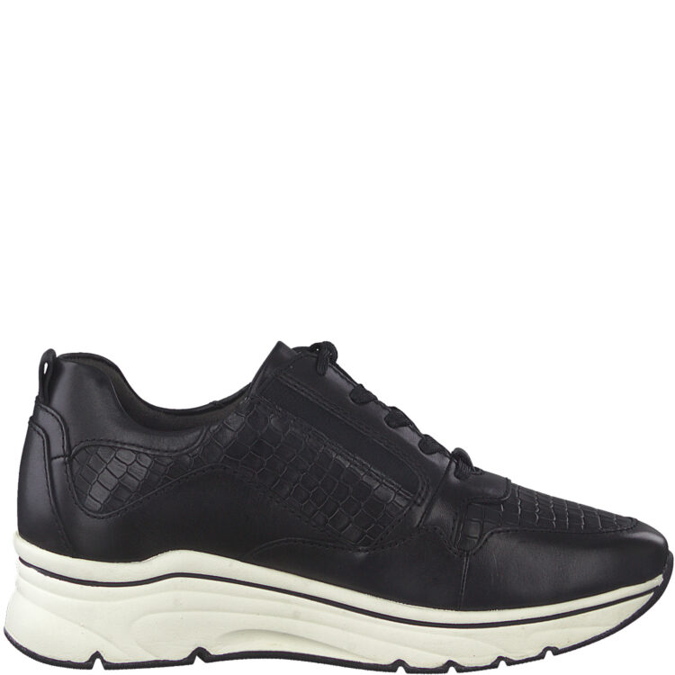 Baskets compensées pour femme marque Tamaris. Référence 23711-39 038 Black/Croco. Disponible chez Chauss'Family magasin de chaussures à Issoire.
