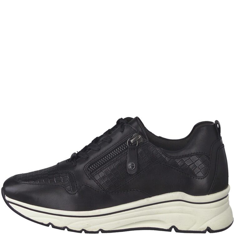 Baskets compensées pour femme marque Tamaris. Référence 23711-39 038 Black/Croco. Disponible chez Chauss'Family magasin de chaussures à Issoire.