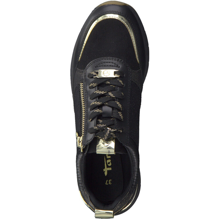 Sneakers noire pour femme marque Tamaris. Référence 23732-29 048 Black/Gold . Disponible chez Chauss'Family magasin de chaussures à Issoire.