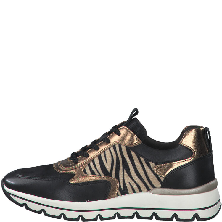 Sneakers motif animal pour femme marque Tamaris. Référence 23736-39 089 Blk/Coppp.Zebra. Disponible chez Chauss'Family magasin de chaussures Issoire