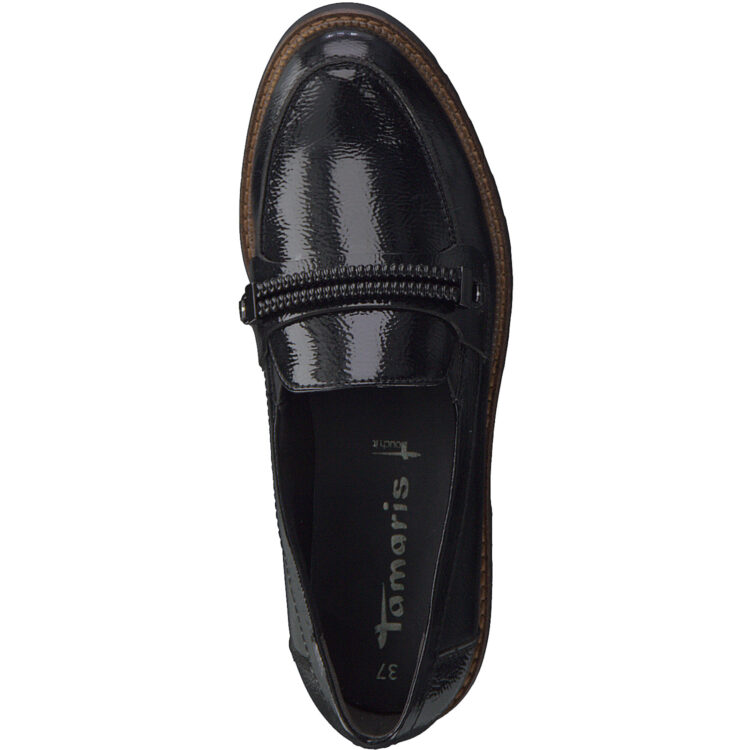 Mocassins vernis pour femme de la marque Tamaris. Référence 24717-29 018 Black Patent. Disponible chez Chauss'Family magasin de chaussures à Issoire.