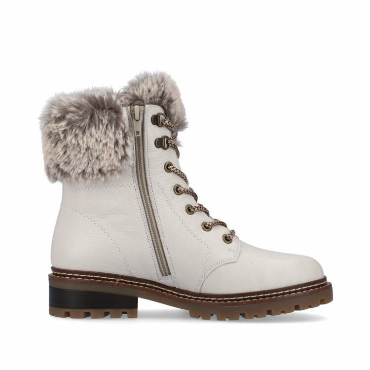 Bottines blanches chaudes pour femme marque Remonte. Référence D0B74-80 Kreide. Disponible chez Chauss'Family magasin de chaussures Issoire.