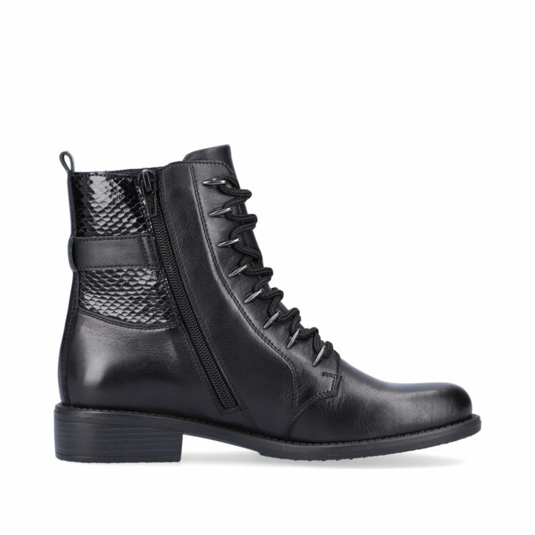 Bottines noires à lacets pour femme de la marque Remonte. Référence D0F72-01 Schwarz. Disponible chez Chauss'Family Issoire.