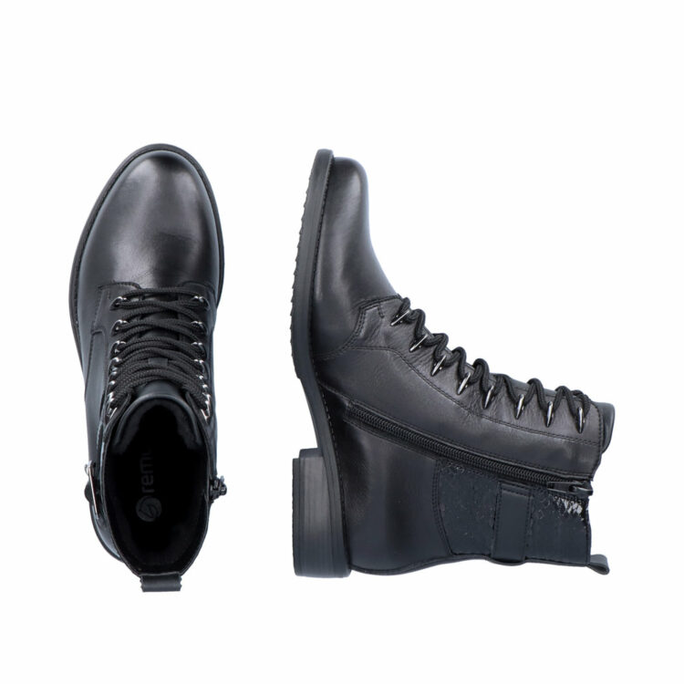 Bottines noires à lacets pour femme de la marque Remonte. Référence D0F72-01 Schwarz. Disponible chez Chauss'Family Issoire.