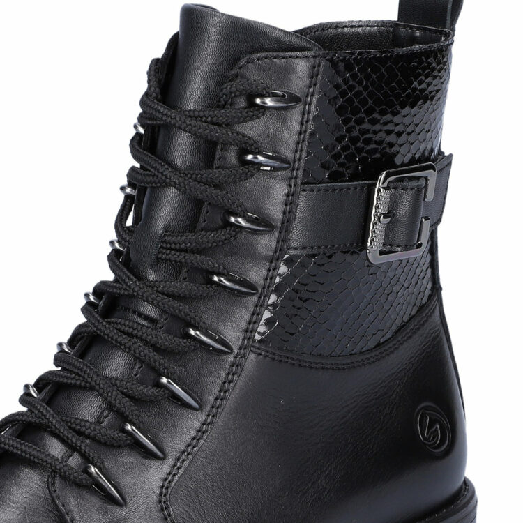 Bottines noires à lacets pour femme de la marque Remonte. Référence D0F72-01 Schwarz. Disponible chez Chauss'Family Issoire.