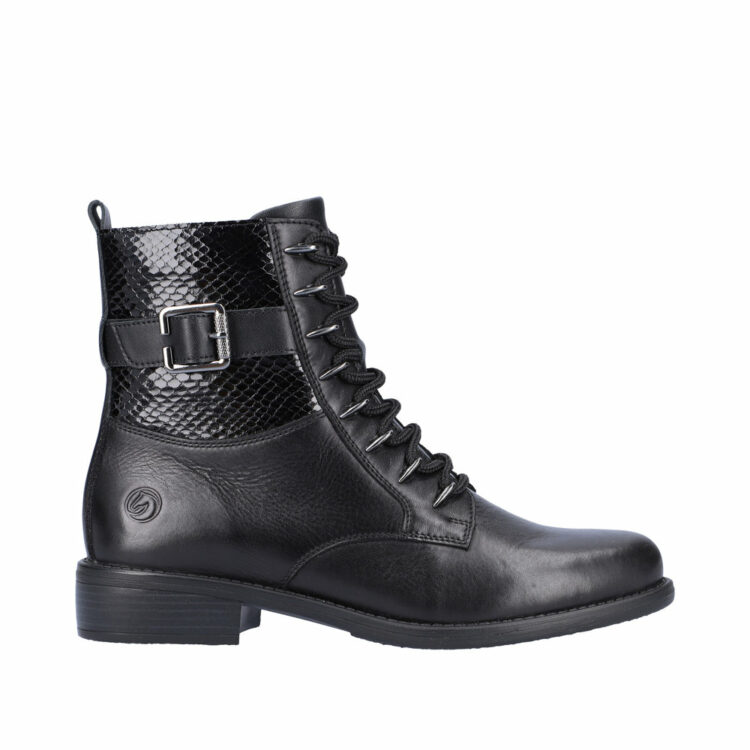 Bottines noires à lacets pour femme de la marque Remonte. Référence D0F72-01 Schwarz. Disponible chez Chauss'Family Issoire.