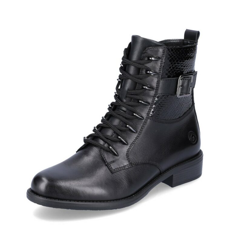 Bottines noires à lacets pour femme de la marque Remonte. Référence D0F72-01 Schwarz. Disponible chez Chauss'Family Issoire.