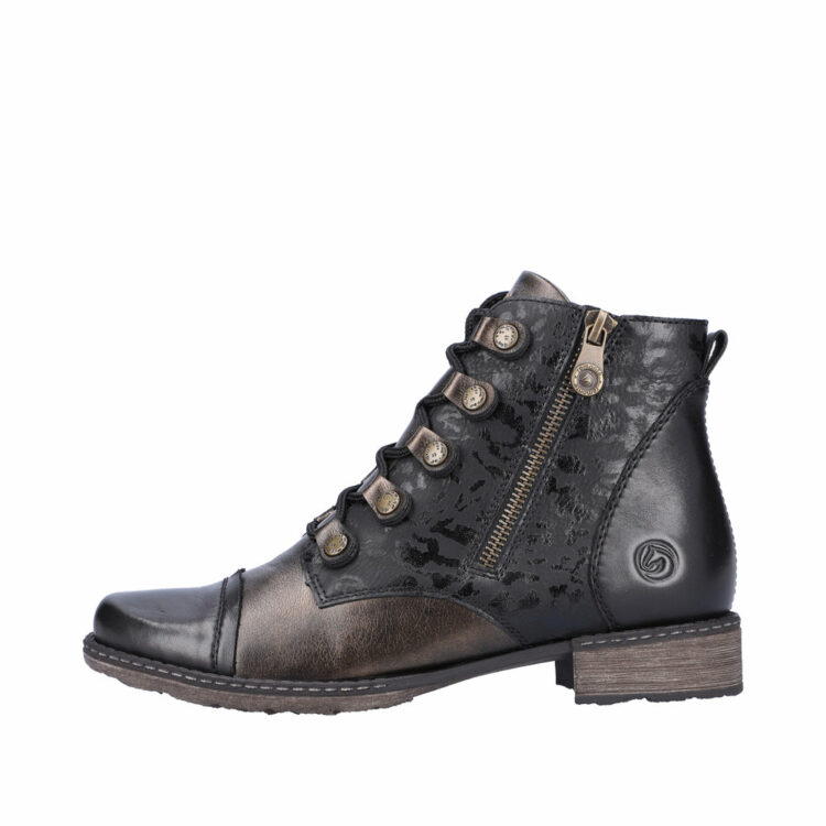 Bottines fantaisies à lacets pour femme de la marque Remonte. Référence D4391-02 Schwarz. Disponible chez Chauss'Family Issoire.