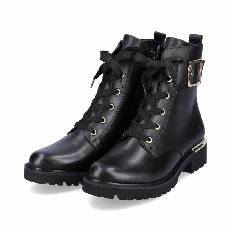 Bottines noires et dorées à lacets pour femme de la marque Remonte. Référence D8683-01 Schwarz. Disponible chez Chauss'Family Issoire.