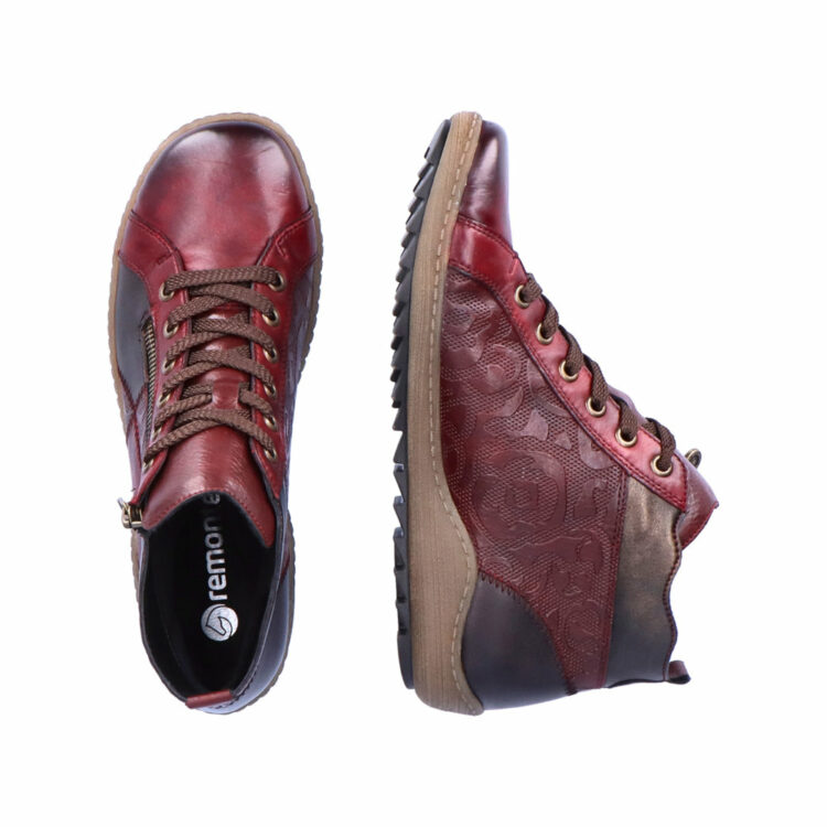 baskets montantes bordeaux pour femme marque Remonte. Référence R1467-35 Vino. Disponible chez Chauss'Family magasin de chaussures Issoire