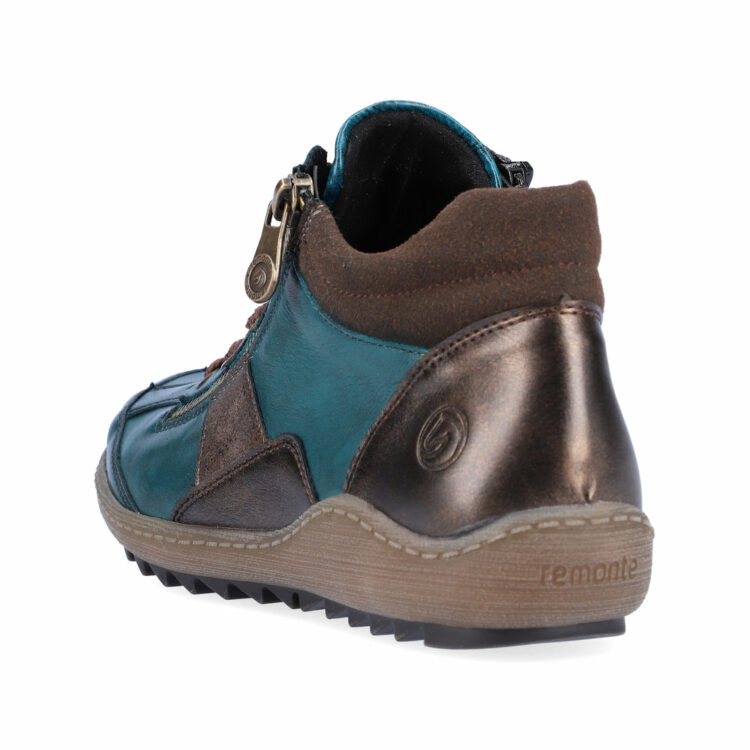 baskets montantes turquoise pour femme marque Remonte. Référence R1481-12 Petrol. Disponible chez Chauss'Family magasin chaussures Issoire