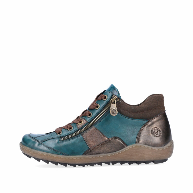 baskets montantes turquoise pour femme marque Remonte. Référence R1481-12 Petrol. Disponible chez Chauss'Family magasin chaussures Issoire