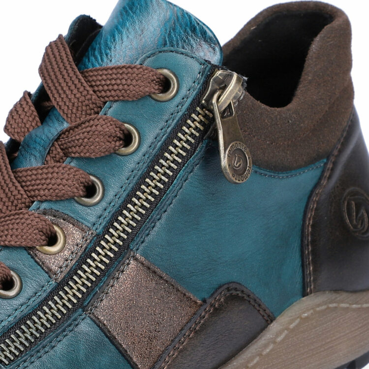 baskets montantes turquoise pour femme marque Remonte. Référence R1481-12 Petrol. Disponible chez Chauss'Family magasin chaussures Issoire
