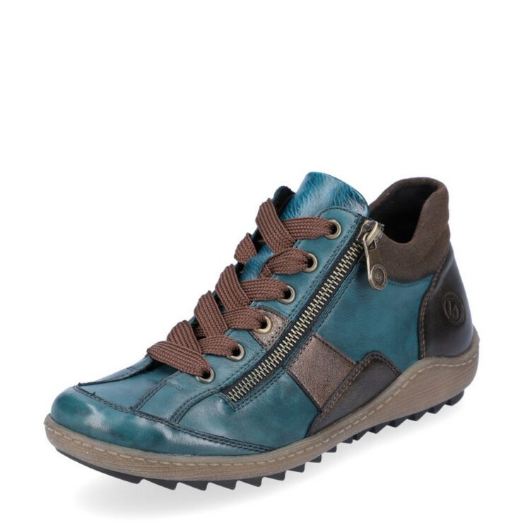 baskets montantes turquoise pour femme marque Remonte. Référence R1481-12 Petrol. Disponible chez Chauss'Family magasin chaussures Issoire