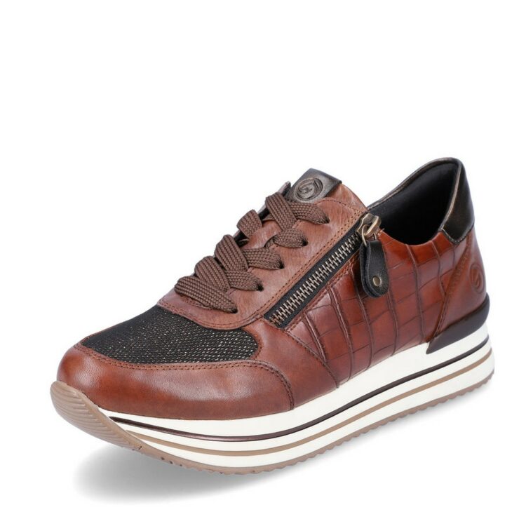 Baskets à plateforme pour femme marque Remonte. Référence D1300-25 Chestnut. Disponible chez Chauss'Family magasin de chaussures Issoire