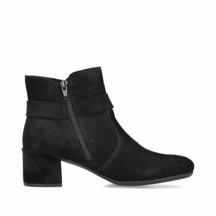 Bottines noires à talons pour femme marque Rieker. Référence 70289-00 Schwarz. Disponible chez Chauss'Family magasin de chaussures Issoire