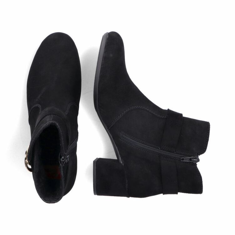 Bottines noires à talons pour femme marque Rieker. Référence 70289-00 Schwarz. Disponible chez Chauss'Family magasin de chaussures Issoire