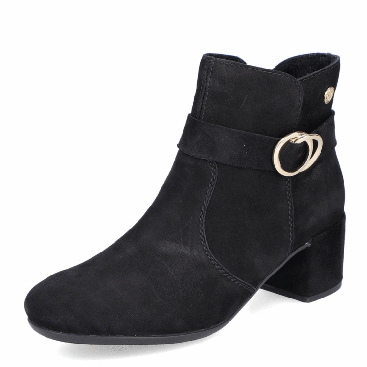 Bottines noires à talons pour femme marque Rieker. Référence 70289-00 Schwarz. Disponible chez Chauss'Family magasin de chaussures Issoire