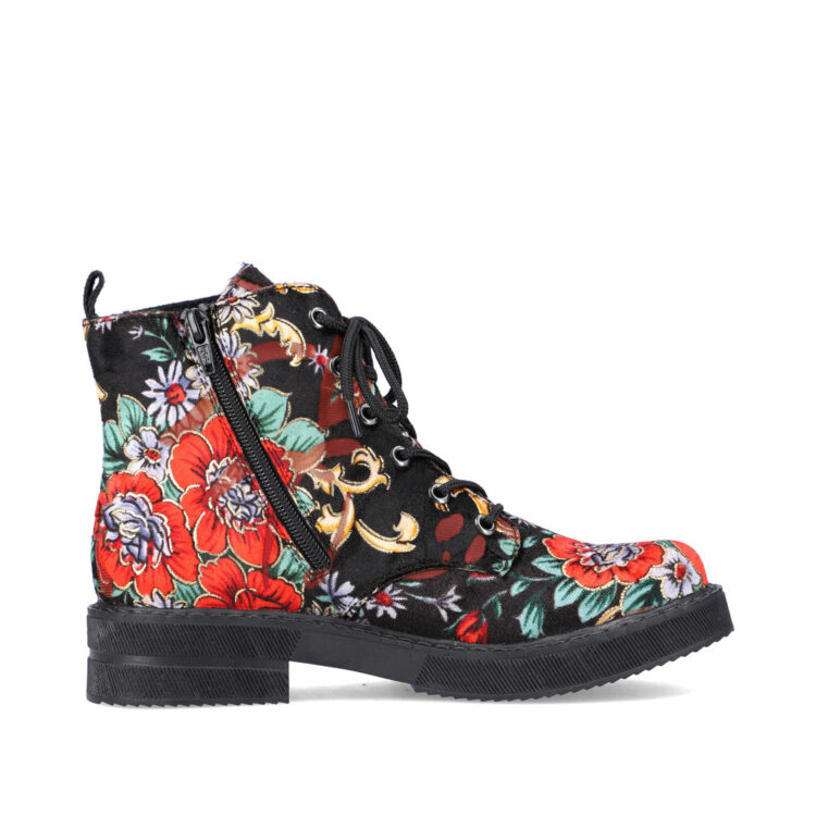 Bottines à lacets fleuries pour femme de la marque Rieker. Référence 72010-90 Multi. Disponible chez Chauss'Family magasin de chaussures à Issoire