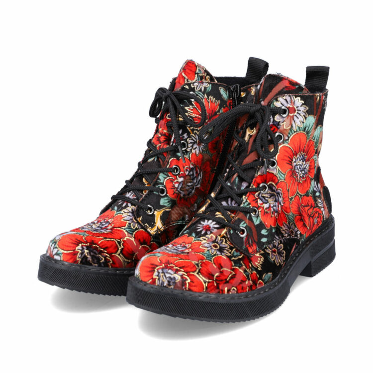 Bottines à lacets fleuries pour femme de la marque Rieker. Référence 72010-90 Multi. Disponible chez Chauss'Family magasin de chaussures à Issoire