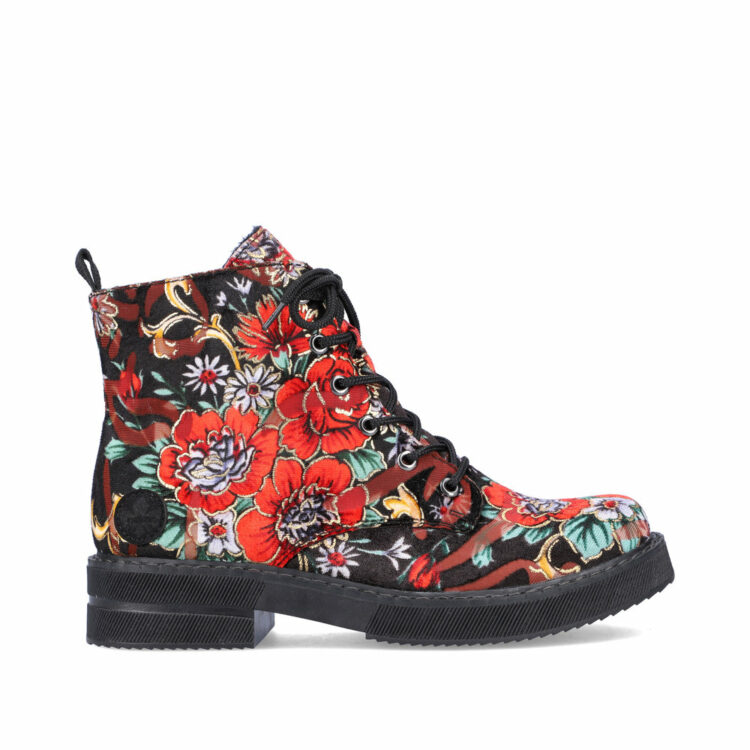 Bottines à lacets fleuries pour femme de la marque Rieker. Référence 72010-90 Multi. Disponible chez Chauss'Family magasin de chaussures à Issoire