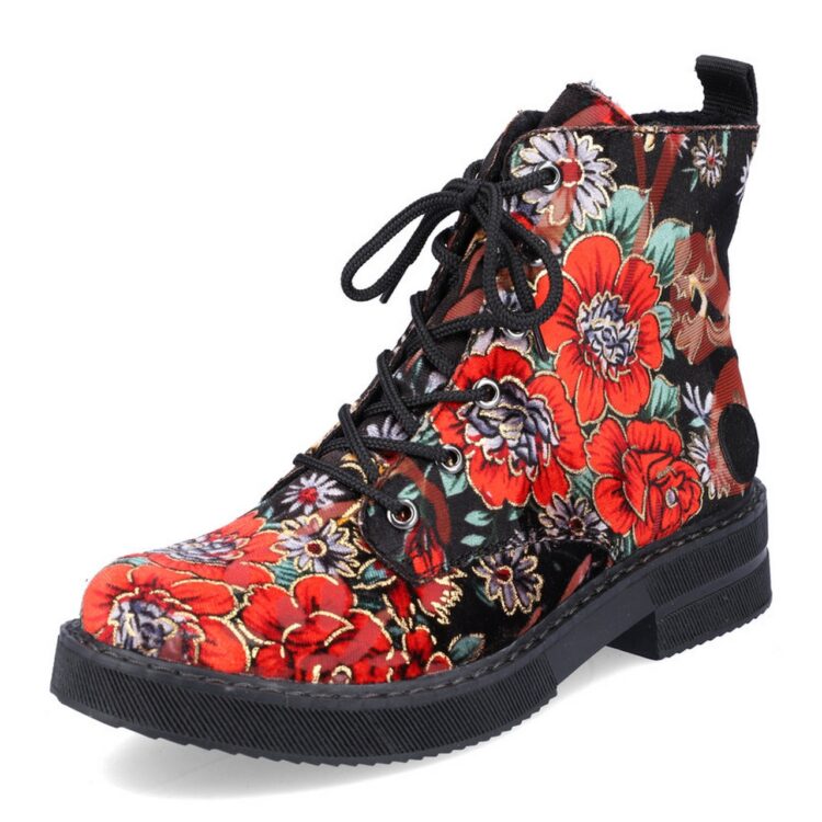 Bottines à lacets fleuries pour femme de la marque Rieker. Référence 72010-90 Multi. Disponible chez Chauss'Family magasin de chaussures à Issoire