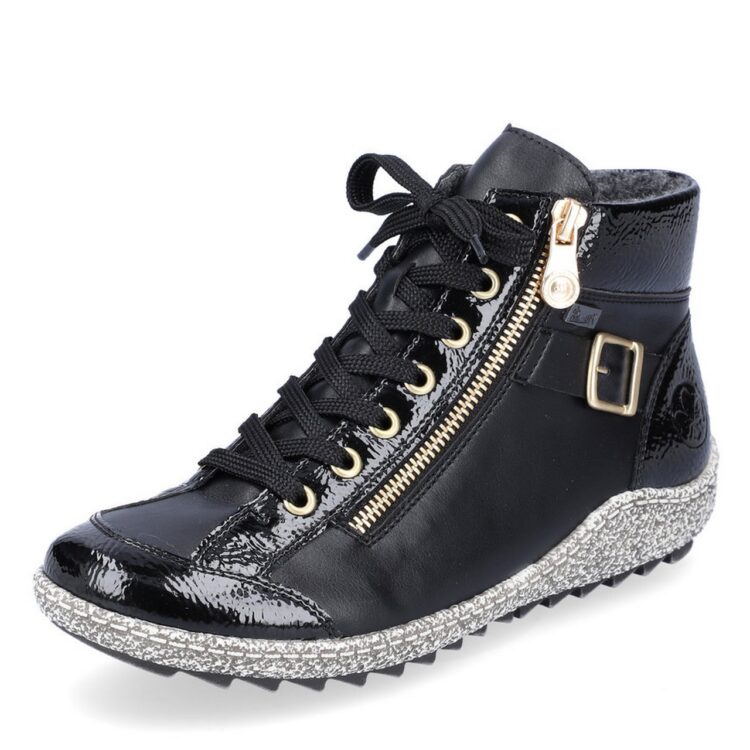 Baskets montantes noires pour femme marque Rieker. Référence L7503-00 Black. Disponible chez Chauss'Family magasin de chaussures Issoire