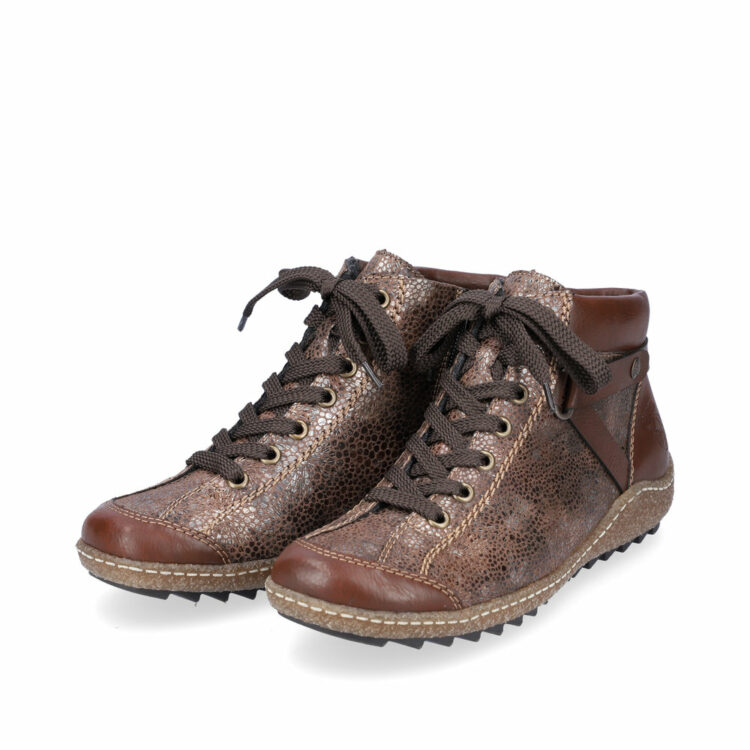 Baskets montantes bronze pour femme marque Rieker. Référence L7527-24 Brown. Disponible chez Chauss'Family magasin de chaussures Issoire