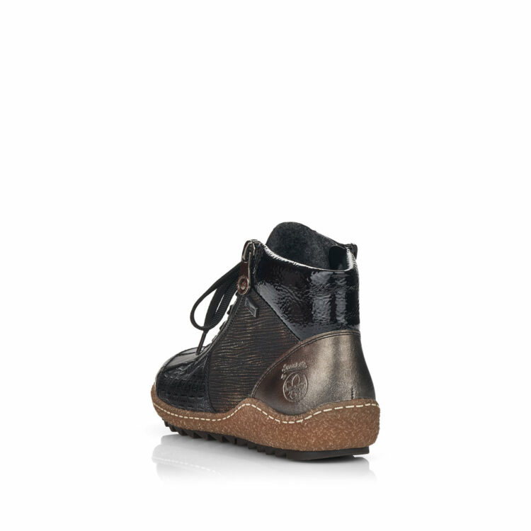 Baskets montantes noir et bronze pour femme marque Rieker. Référence L7541-00 Black. Disponible chez Chauss'Family magasin de chaussures Issoire