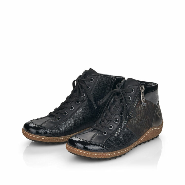 Baskets montantes noir et bronze pour femme marque Rieker. Référence L7541-00 Black. Disponible chez Chauss'Family magasin de chaussures Issoire