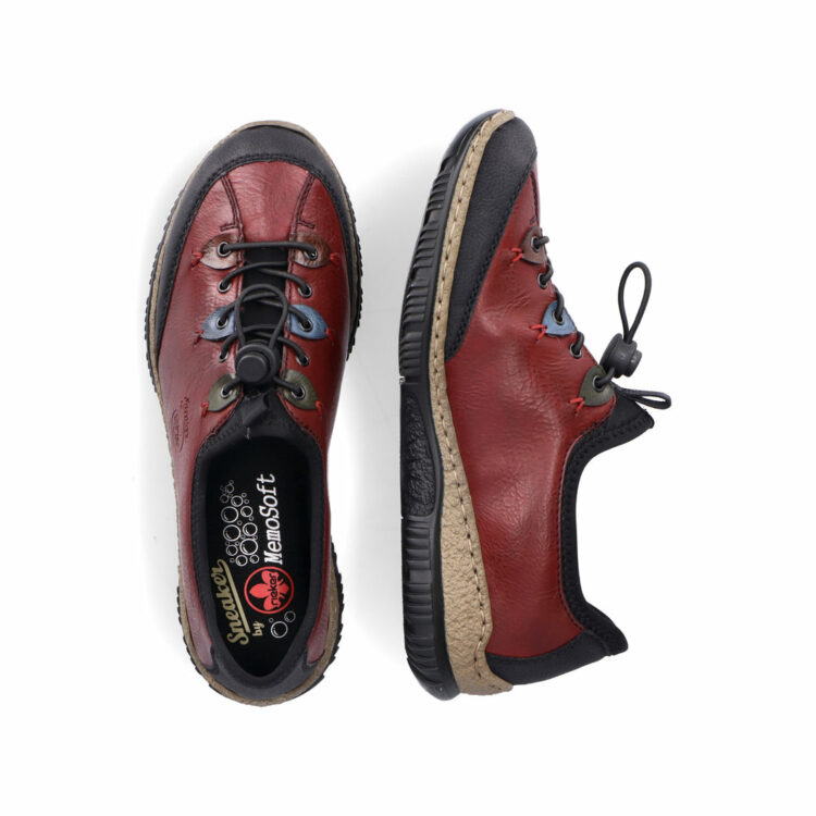 Baskets rouges pour femme marque Rieker. Référence N3271-36 Wine. Disponible chez Chauss'Family magasin de chaussures Issoire