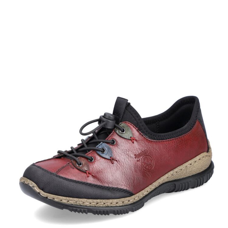Baskets rouges pour femme marque Rieker. Référence N3271-36 Wine. Disponible chez Chauss'Family magasin de chaussures Issoire