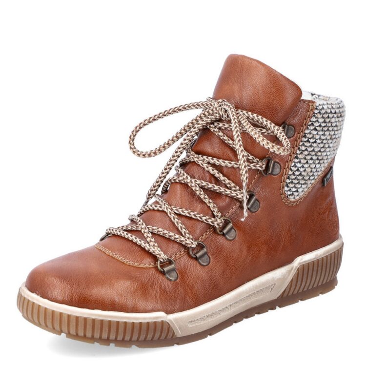 Bottines marron chaudes pour femme marque Rieker. Référence N0745-23 Cuoio. Disponible chez Chauss'Family magasin de chaussures Issoire.