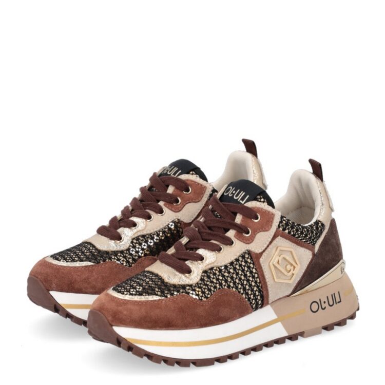 Sneakers marron femme marque Liu Jo. Référence BF2095PX242 S1804 Paillettes Brown. Disponible chez Chauss'Family magasin chaussures Issoire