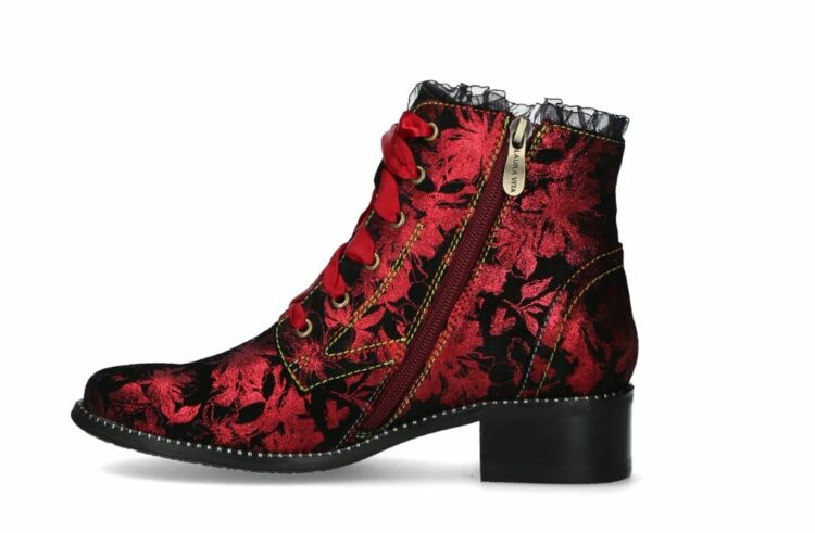 Bottines motif fleurs pour femme de la marque Laura Vita. Référence Emcmao 05F Grenat. Disponible chez Chauss'Family magasin de chaussures à Issoire.