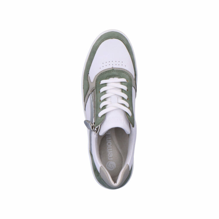 Baskets blanche et verte pour femme marque Remonte. Référence D0J01-80 Pepper Mint. Disponible chez Chauss'Family magasin de chaussures à Issoire.