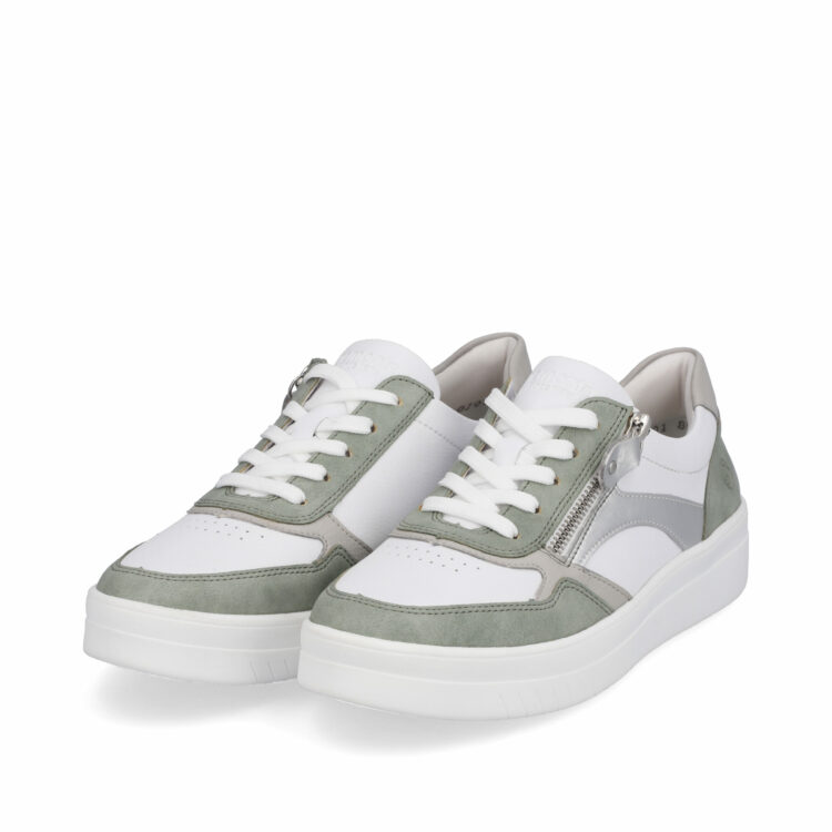 Baskets blanche et verte pour femme marque Remonte. Référence D0J01-80 Pepper Mint. Disponible chez Chauss'Family magasin de chaussures à Issoire.