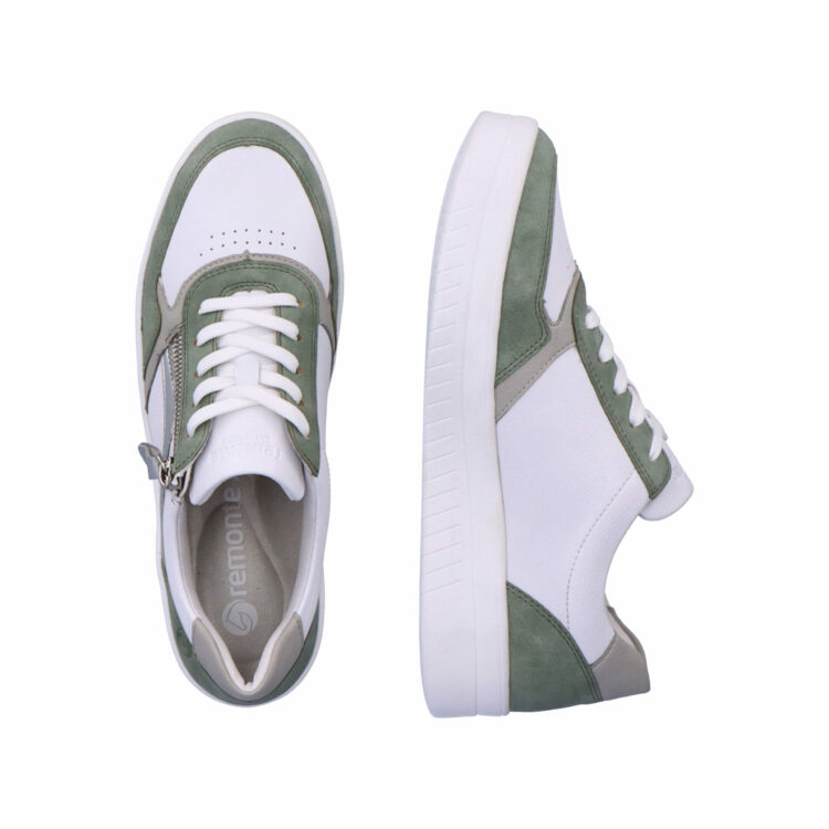 Baskets blanche et verte pour femme marque Remonte. Référence D0J01-80 Pepper Mint. Disponible chez Chauss'Family magasin de chaussures à Issoire.