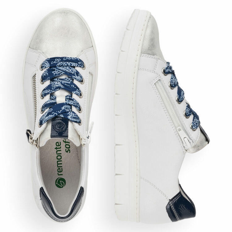 Baskets blanches pour femme marque Remonte. Référence D5825-80 Weiss. Disponible chez Chauss'Family magasin de chaussures Issoire