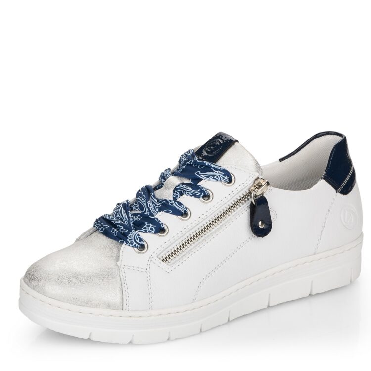 Baskets blanches pour femme marque Remonte. Référence D5825-80 Weiss. Disponible chez Chauss'Family magasin de chaussures Issoire