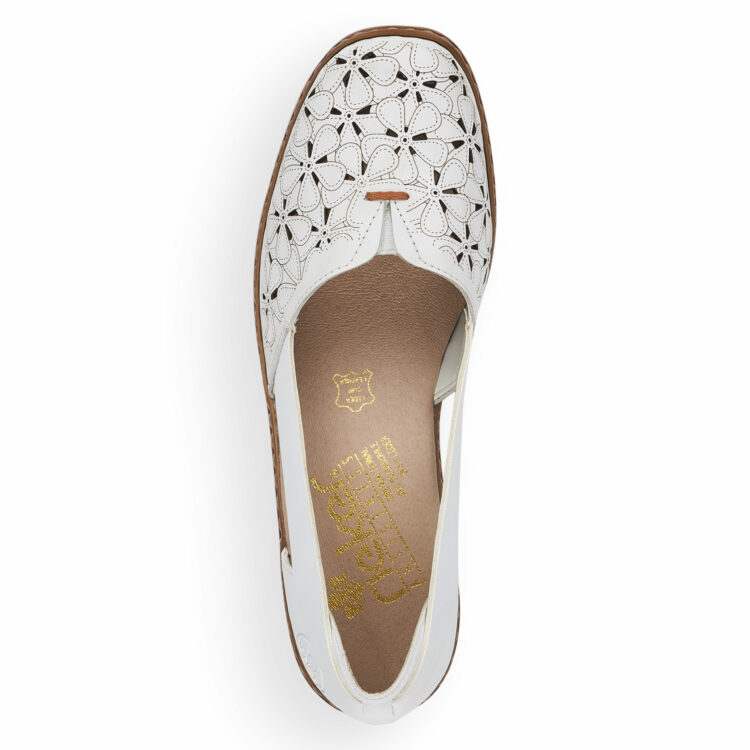 Mocassins blancs de la marque Rieker 41356-80 Weiss. Référence Disponible chez Chauss'Family magasin de chaussures à Issoire.