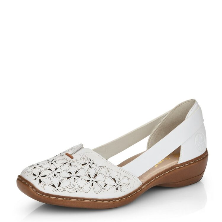 Mocassins blancs de la marque Rieker 41356-80 Weiss. Référence Disponible chez Chauss'Family magasin de chaussures à Issoire.